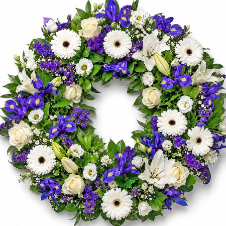 Vibrant Floral Wreath in Blue & White